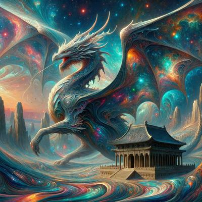 Primary subject: A dragon with a long tail and horns, standing in front of a building.

Setting/background: The dragon is standing in front of a building, which appears to be a temple. The sky is filled with stars, creating a celestial atmosphere.

Visual style: The image is a digital artwork, featuring a vibrant and detailed dragon.

Colors and mood: The image is predominantly blue, with the dragon's scales and the sky filled with